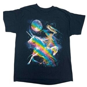 Kitty Cat Unicorn Moon Rainbow‎ Navy Blue T-Shirt Short Sleeve No Tags